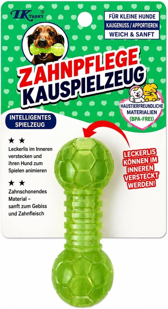 Dumbbell Dog Toy for Small Dogs, Chew Toy for Dental Care with Treat Compartment, Green, Soft TPR Material
