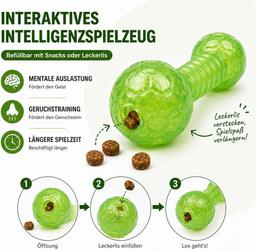 Dumbbell Dog Toy for Small Dogs, Chew Toy for Dental Care with Treat Compartment, Green, Soft TPR Material