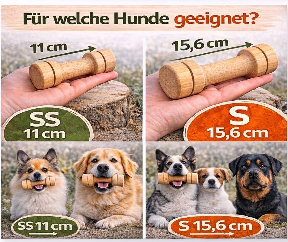 Juguete de adiestramiento para perros con mancuernas de madera S 15,6 cm - Juguete antimordiscos para perros, madera natural, entrenamiento de comportamiento, alivio del estrés, robusto, para perros medianos y cachorros mayores