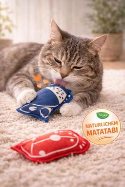 Katzen Spielzeug mit Matatabi 2er Set – Knisternde Kissen für selbstständiges Spielen – Fördert Entspannung & Aktivität – 10×6,5 cm