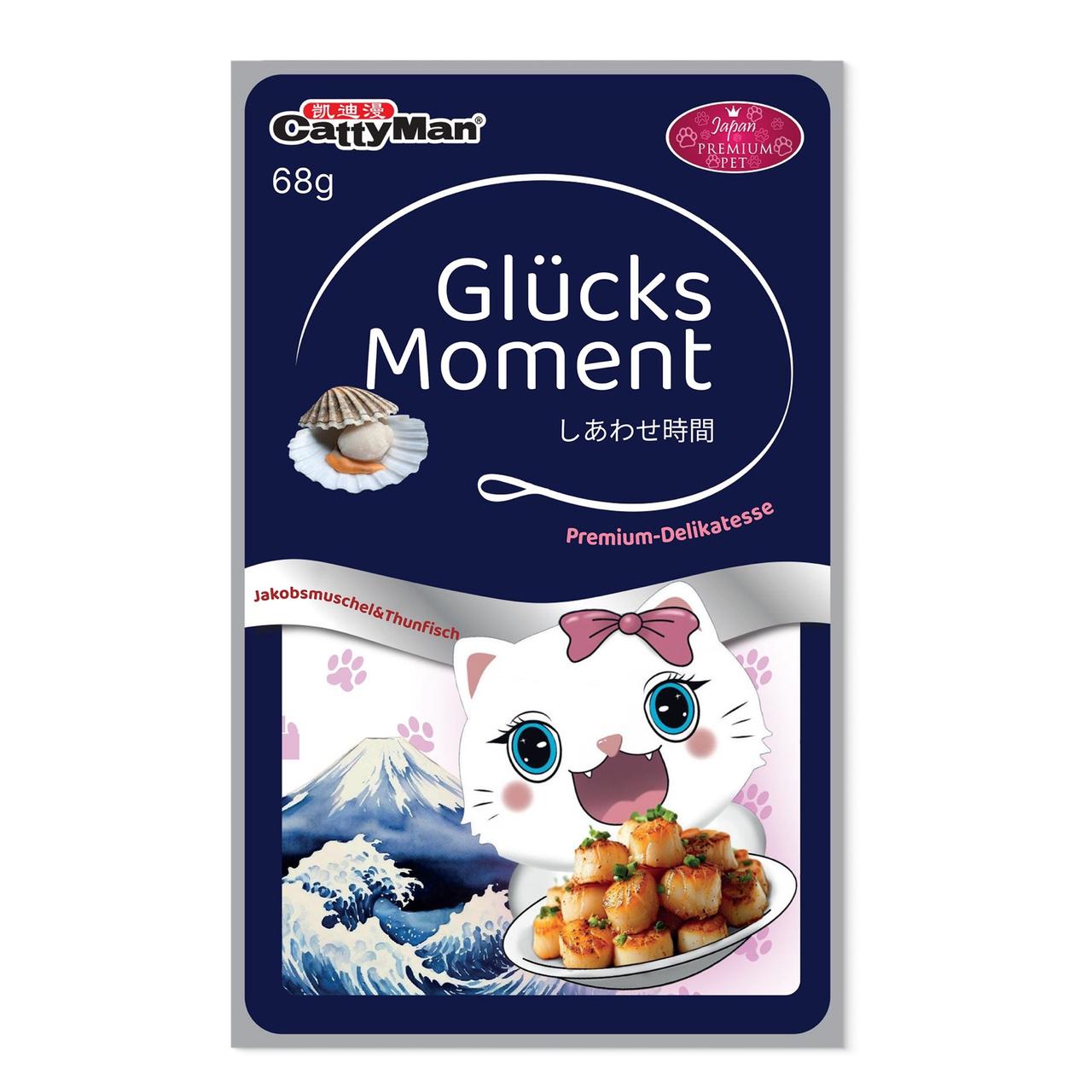 Katzen Nassfutter „Moment des Glücks“ – Thunfisch & Jakobsmuschel mit Bonito, Premium Katzenfutter im Beutel, für steril