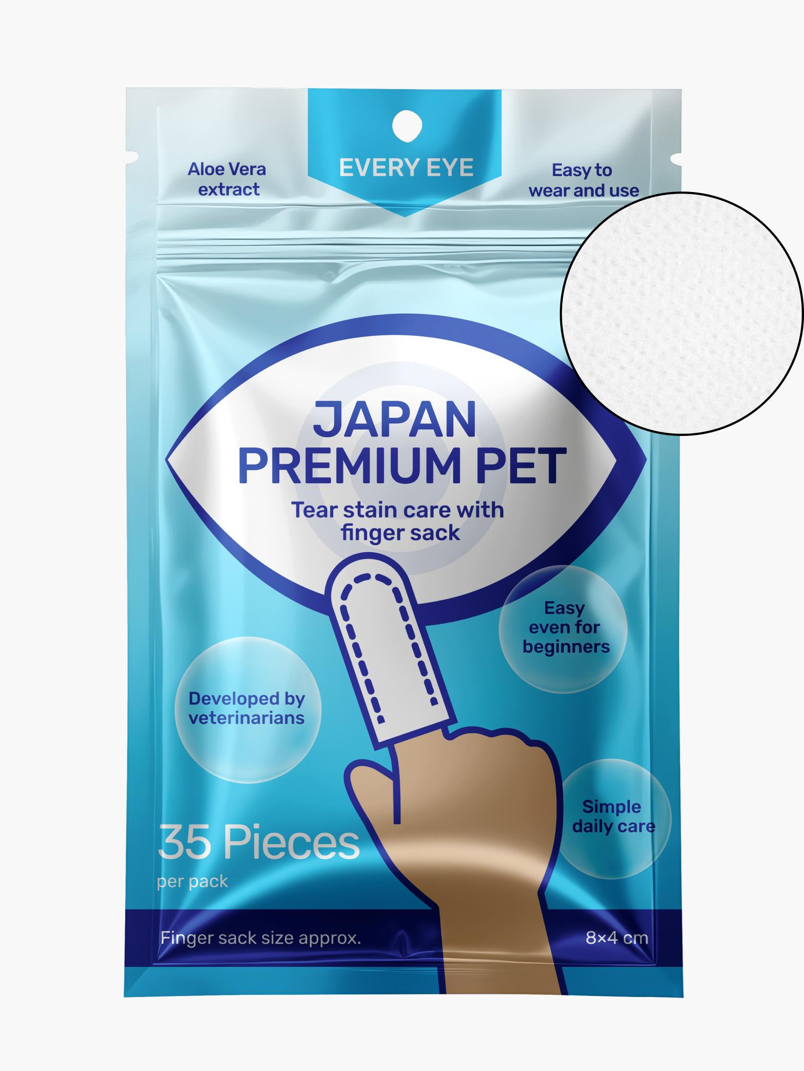 Anatomisches feuchtes Finger-Tuch zur Beseitigung von Tränenspuren und zur Augenpflege von Hunden und Katzen. 35 Stück.