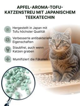 Żwirek dla kota typu tofu z naturalnym jabłkiem. Zbrylający się i nadający się do spłukiwania w toalecie. Granulat tabletkowy. Pojemność: 7 litrów. 7