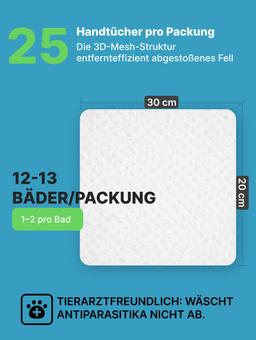 Shampoo-Tücher zum schnellen Baden ohne Wasser mit der Hautallergie-Präventionsfunktionund trockener Dermatitis vorzubeugen. Mit Seidenprotein und Honigextrakt. Für kleine und mittlere Hunde. 25 St. 7