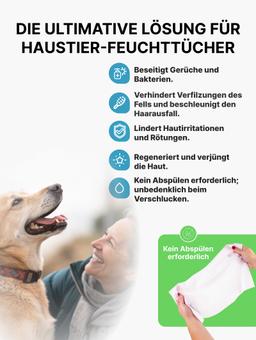 Shampoo-Tücher zum schnellen Baden ohne Wasser mit der Hautallergie-Präventionsfunktionund trockener Dermatitis vorzubeugen. Mit Seidenprotein und Honigextrakt. Für kleine und mittlere Hunde. 25 St. 11