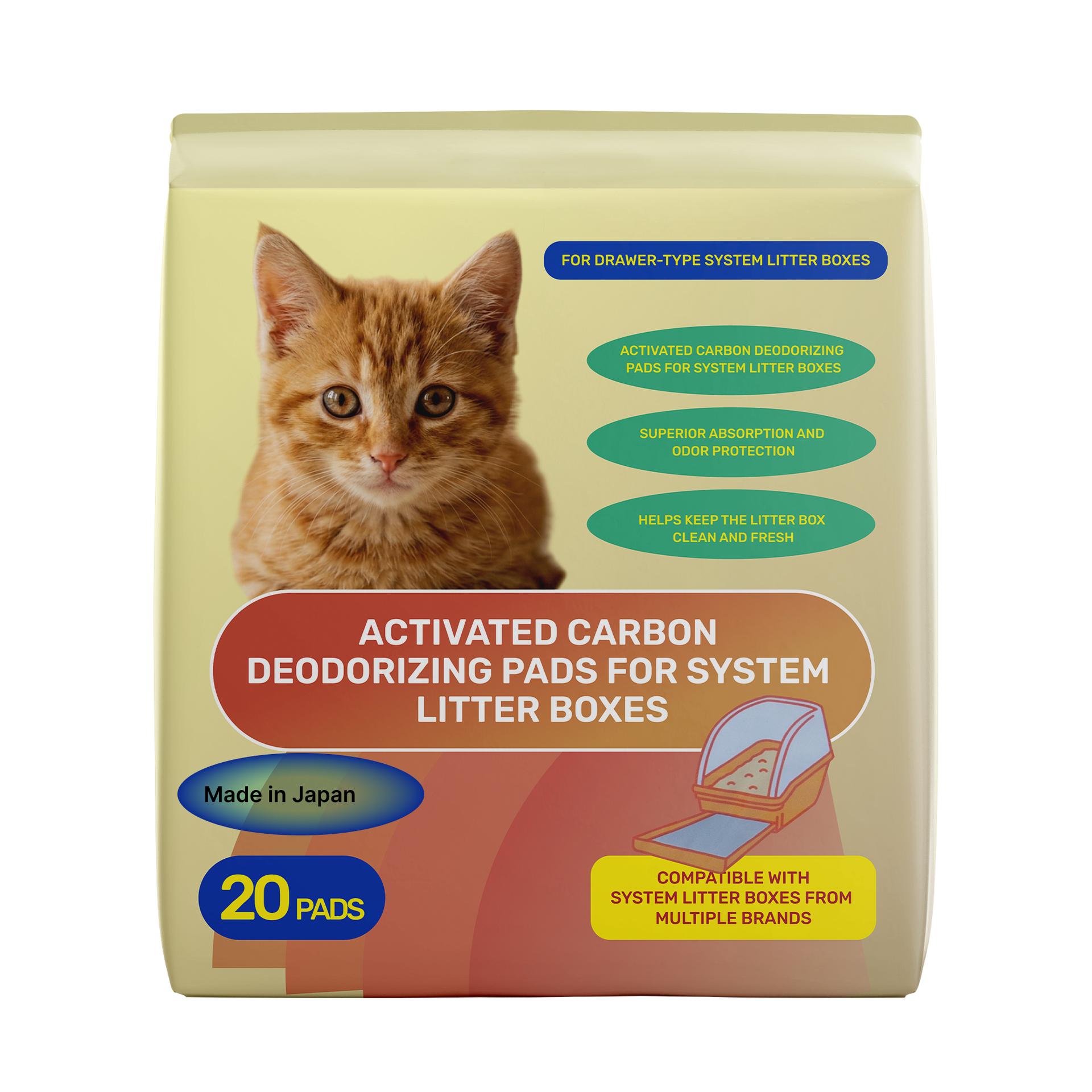 Deodorizing pads with activated charcoal for cat litter systems, 20 pcs., 27 × 43 cm.