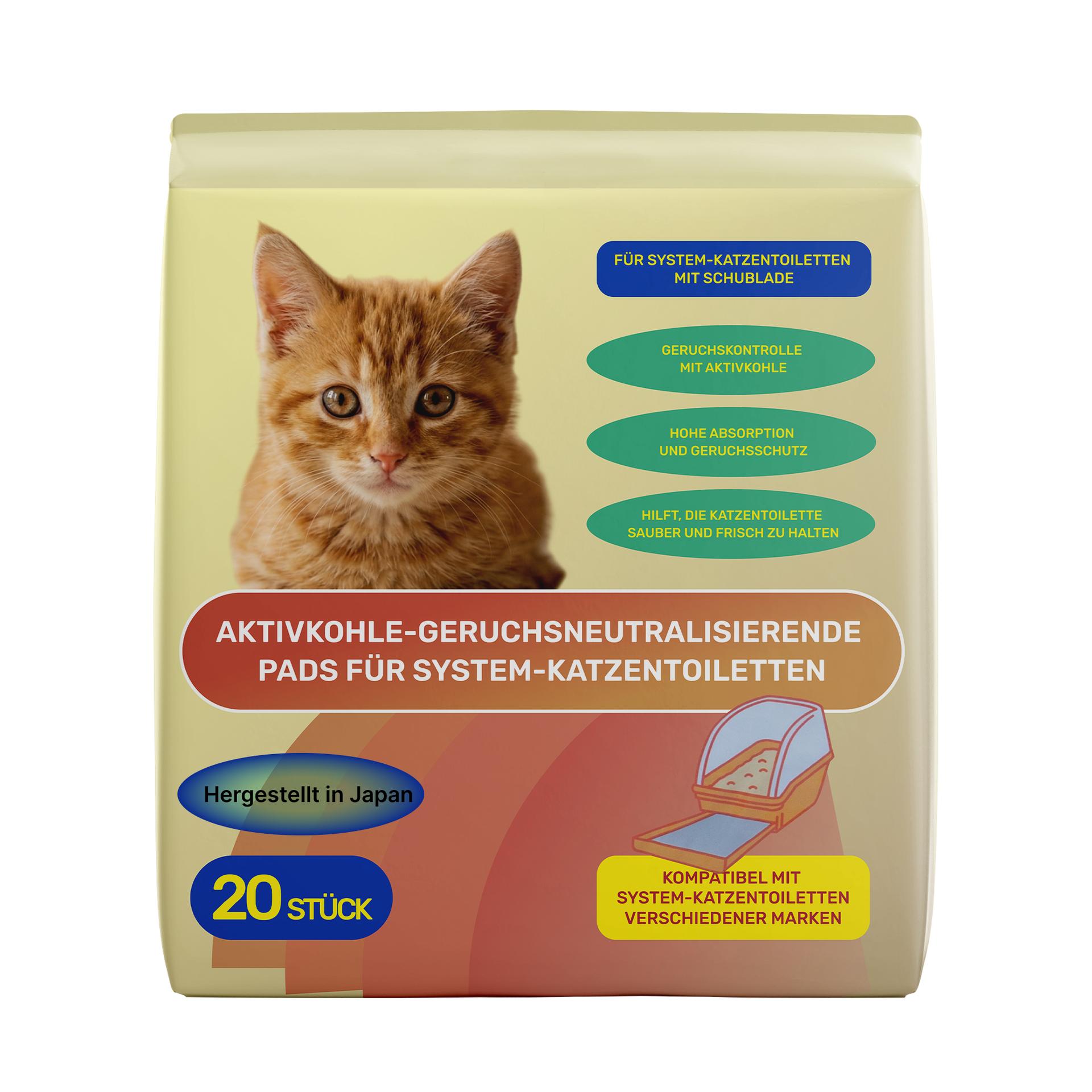 Geruchsbindende Pads mit Aktivkohle für Katzentoiletten-Systeme, 20 Stück, 27 × 43 cm.
