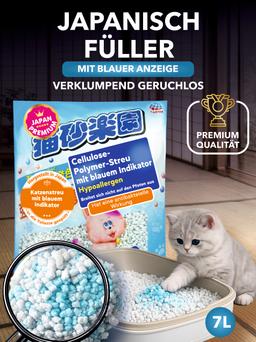 Zellulose-Polymer-Katzenstreu mit blauem Indikator, hypoallergen, antibakteriell, klumpt und spült in die Toilette. 7L / spülbarer Füllstoff 7