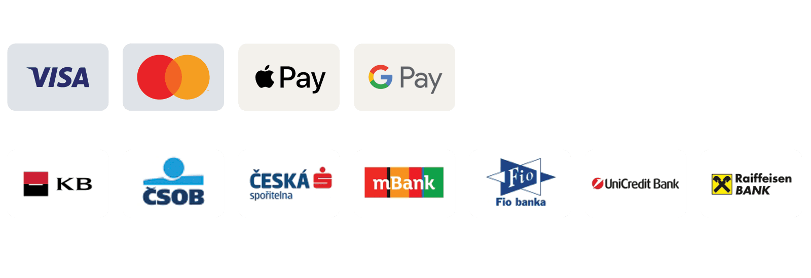 Visa, Mastercard, Apple Pay, Google Pay, KB, ČSOB, Česká spořitelna, mBank, Fio banka, UniCredit Bank, Raiffeisen Bank