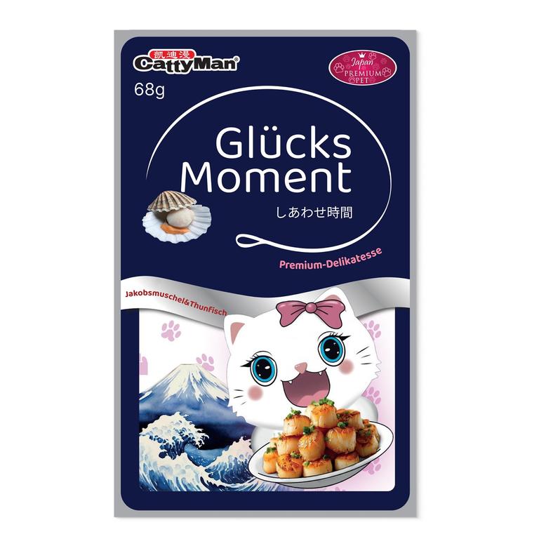 Japan Premium Pet Katzen Nassfutter „Moment des Glücks“ – Thunfisch & Jakobsmuschel mit Bonito, Premium Katzenfutter im Beutel, für sterilisierte Katzen, leicht verdaulich, 68 g