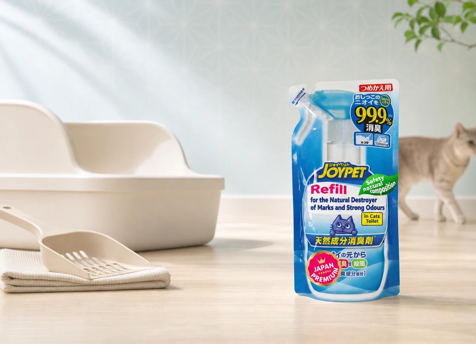 Echte Japan Premium Pet Produkte zur Geruchskontrolle neben einem sauberen Katzentoilettenbereich