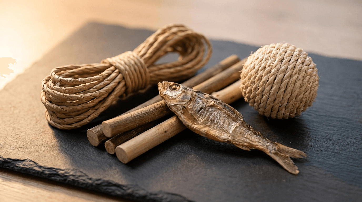 Natural cat toys on slate surface