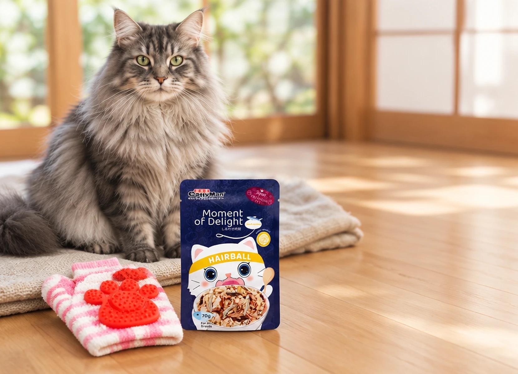 Graue Langhaarkatze sitzt auf einer Leinendecke in einem hellen Raum im japanischen Stil neben einem rosa Fellpflegehandschuh mit rotem Pfotenballen aus Silikon und einem Nassfutter-Pouch zur Haarballen-Pflege