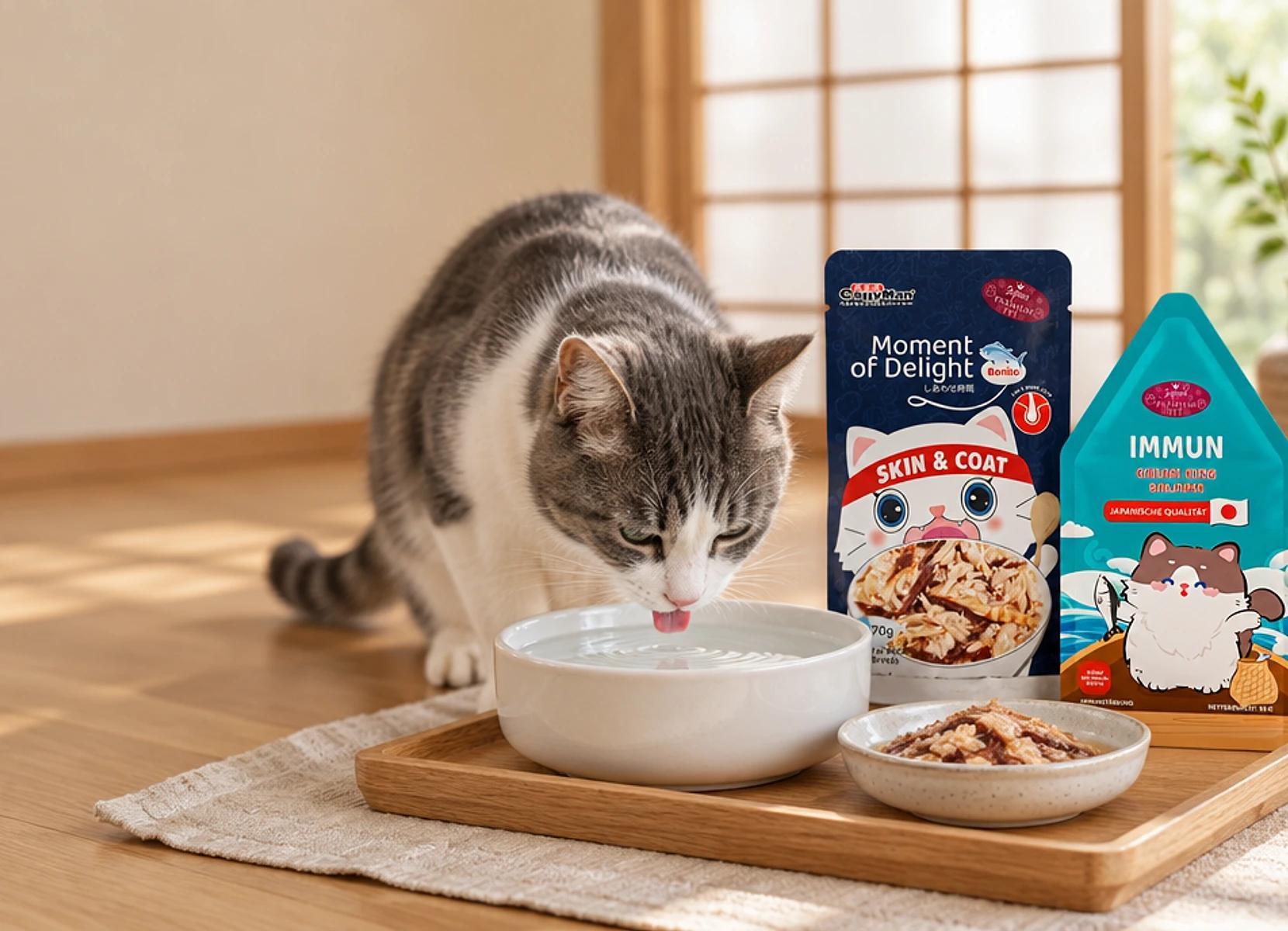 Grau-weiße Katze trinkt aus einer breiten Wasserschale aus Keramik auf einem Holztablett, daneben ein Schälchen Nassfutter und zwei Katzenfutter-Pouches in einer Küche im japanischen Stil