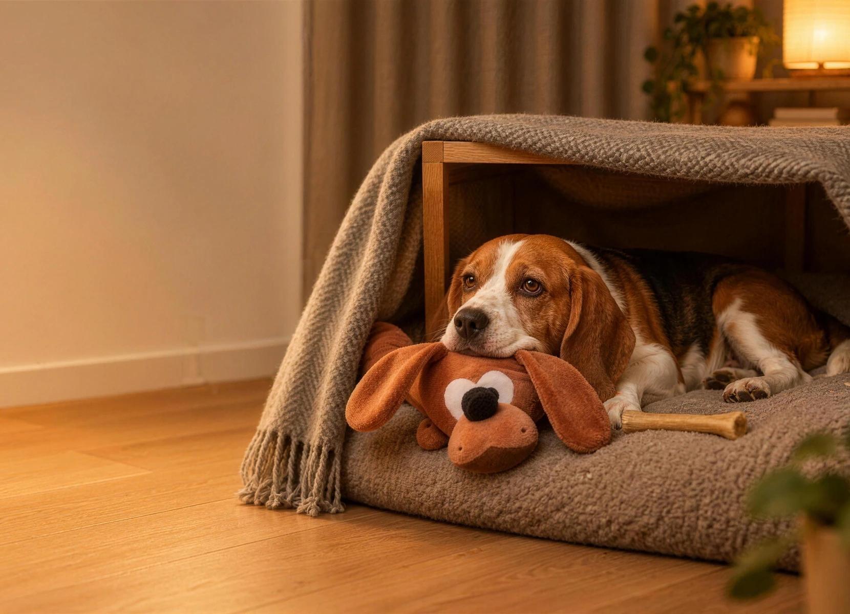 Beagle ruht entspannt in einer mit Decken abgedeckten Höhle auf einem dicken Kissen, das Kinn auf einem braunen Plüschkissen in Hundeform, daneben ein Kauartikel, in einem ruhigen Wohnzimmer am Abend