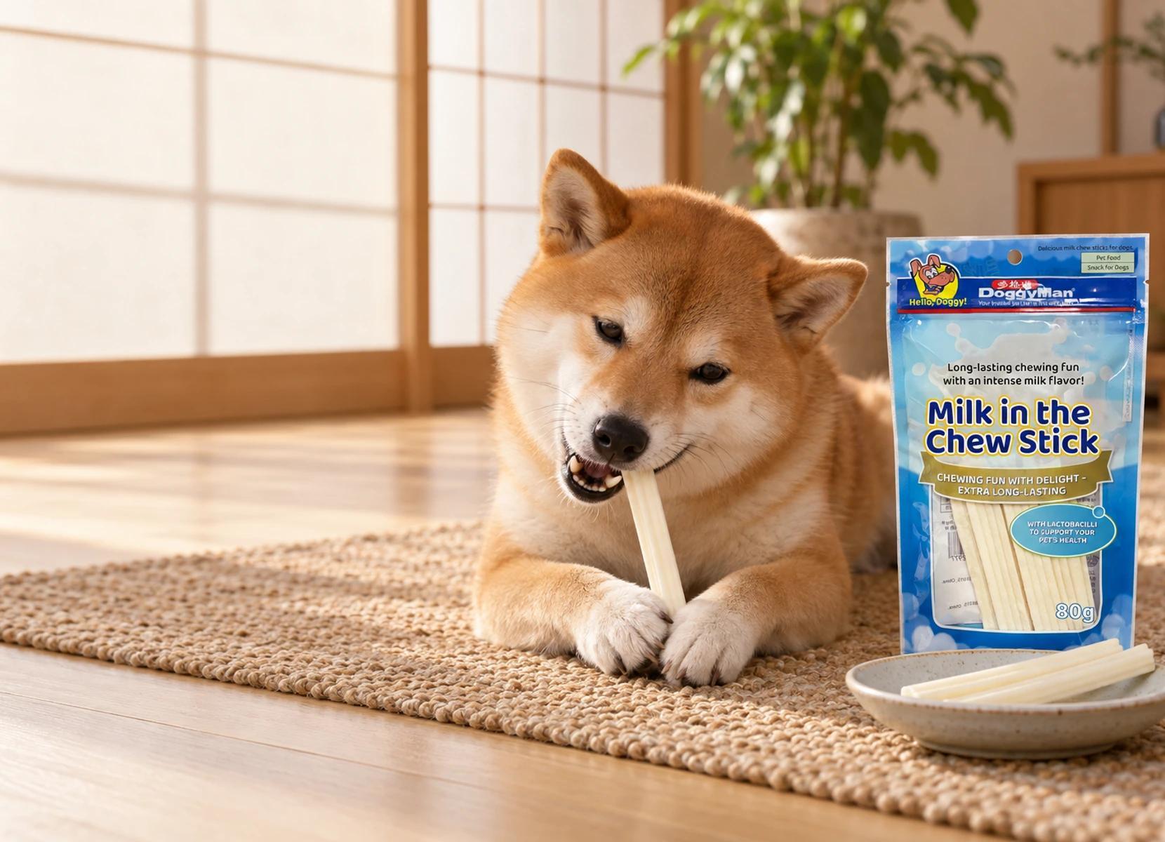 Shiba Inu liegt auf einem Juteteppich und kaut ruhig an einer Milch-Kaustange neben einer Tüte Milch-Kaustangen in einem Wohnraum im japanischen Stil