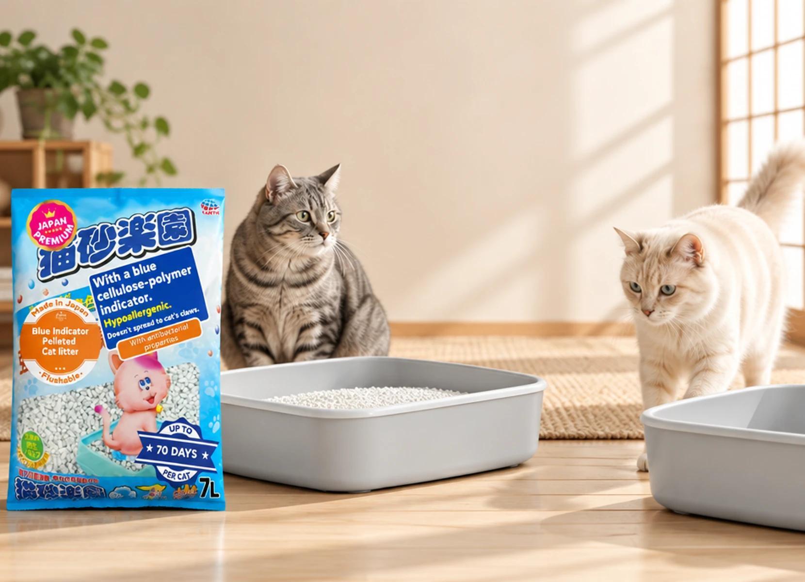 Japan Premium Pet Katzenstreu neben sauberen Katzentoiletten in einem ruhigen Mehrkatzenhaushalt