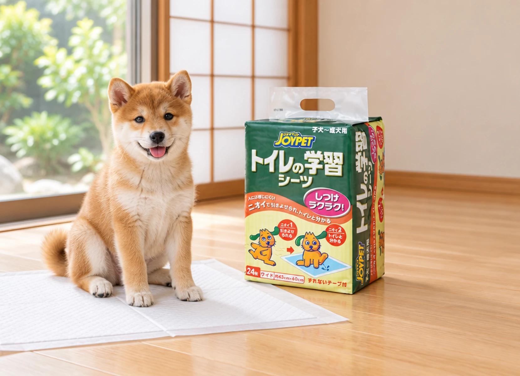 Shiba-Inu-Welpe sitzt auf einer weißen Trainingsunterlage neben einer Packung japanischer Trainingsunterlagen in einem hellen Raum im japanischen Stil