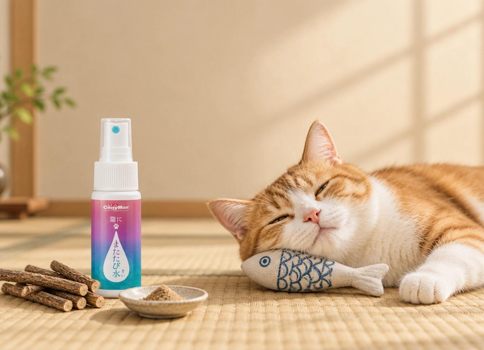 Japan Premium Pet Matatabi-Spray und Pulver neben einer entspannten Katze mit Matatabi-Spielzeug
