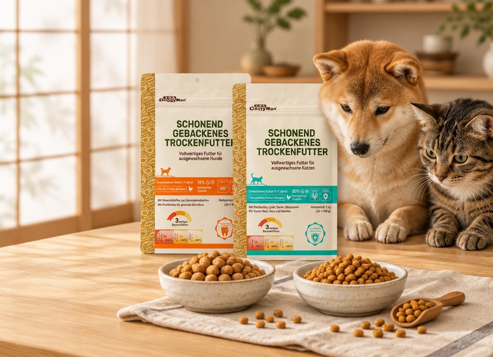 Shiba Inu und getigerte Katze schauen auf zwei Schalen mit gebackenen Kroketten auf einem Holztisch, dahinter ein Beutel gebackenes Trockenfutter für Hunde und einer für Katzen