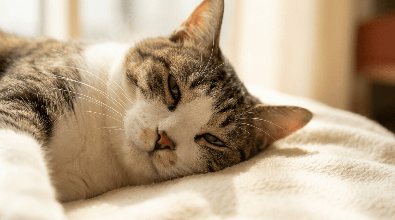Relaxed cat on soft blanket