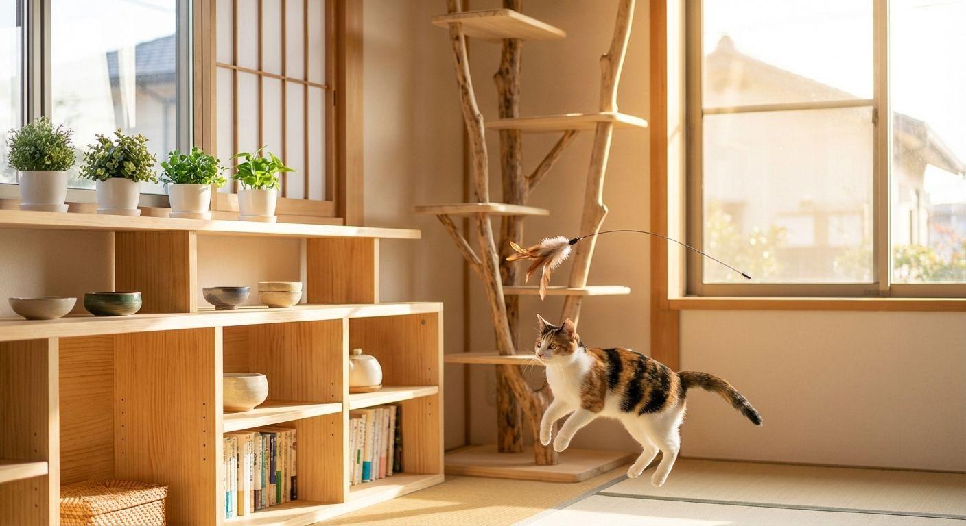 Active cat in a well-equipped Japanese room