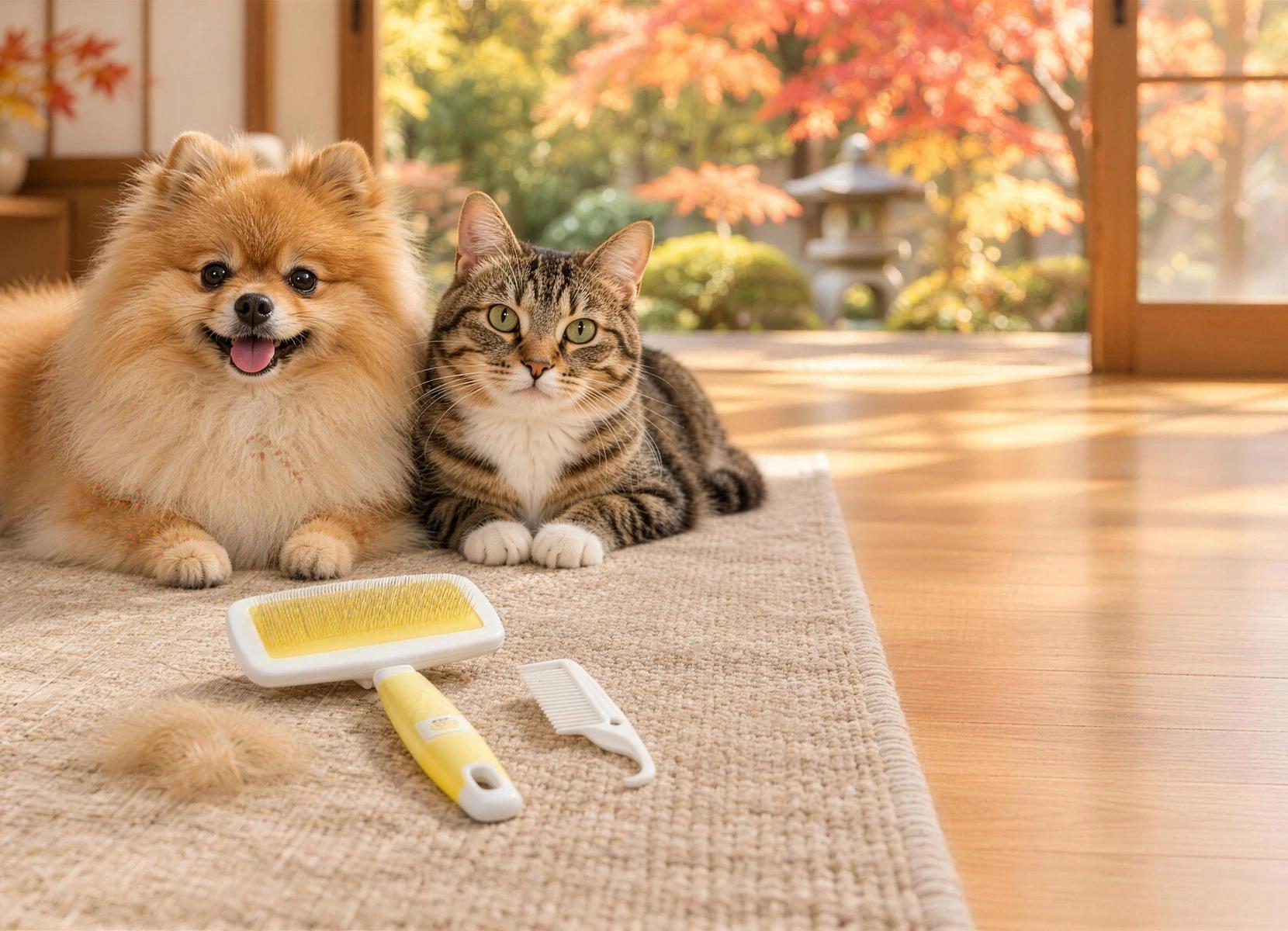 Flauschiger kleiner Hund und getigerte Katze liegen nebeneinander auf einem Leinenteppich in einem Raum im japanischen Stil, draußen herbstliches Ahornlaub, vor ihnen eine gelbe Zupfbürste, ein Kamm und ein Büschel Fell