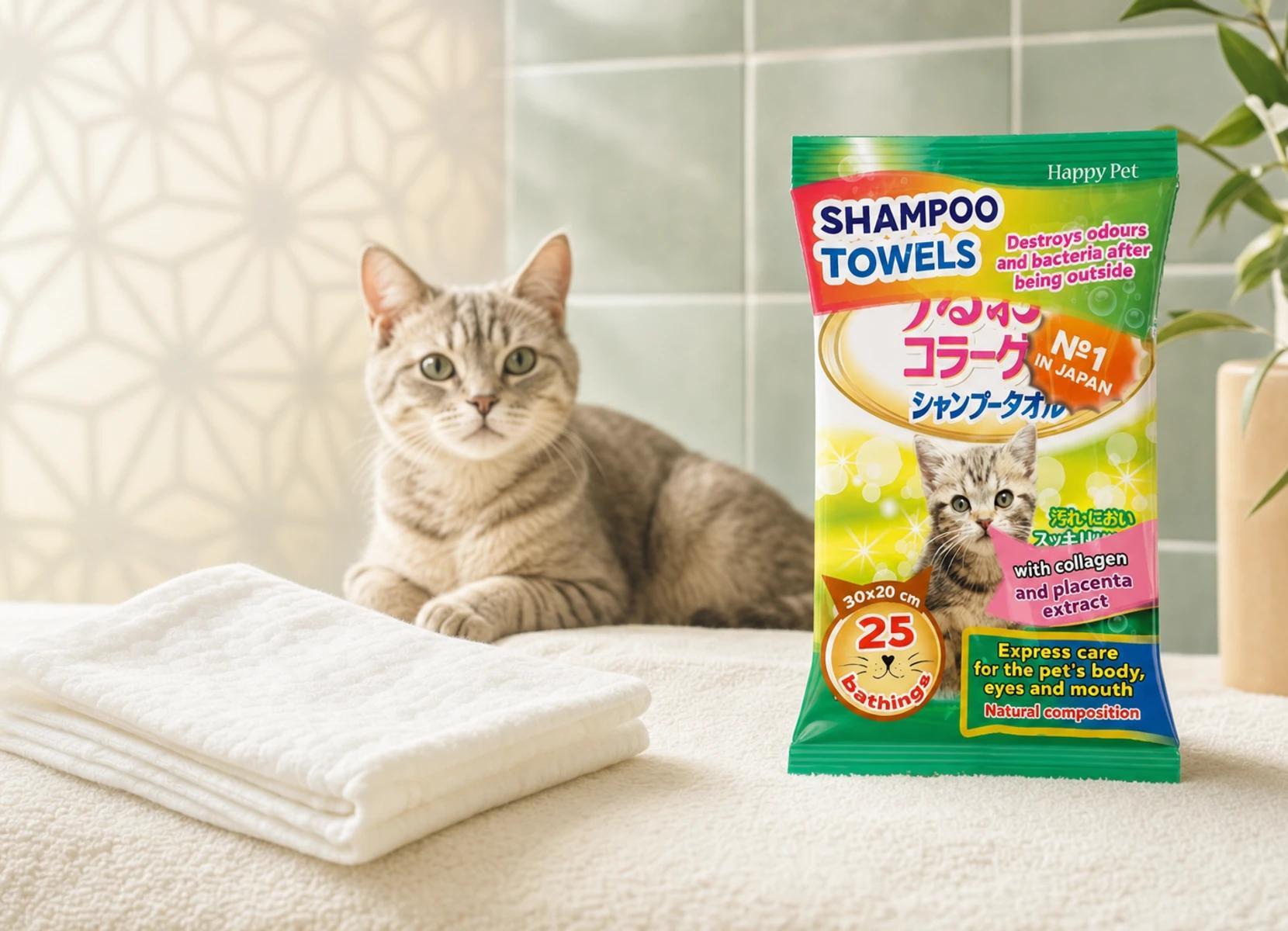 Echte Japan Premium Pet Shampoo-Tücher und Schaumshampoo neben einer ruhigen Pflegeumgebung für Hund und Katze