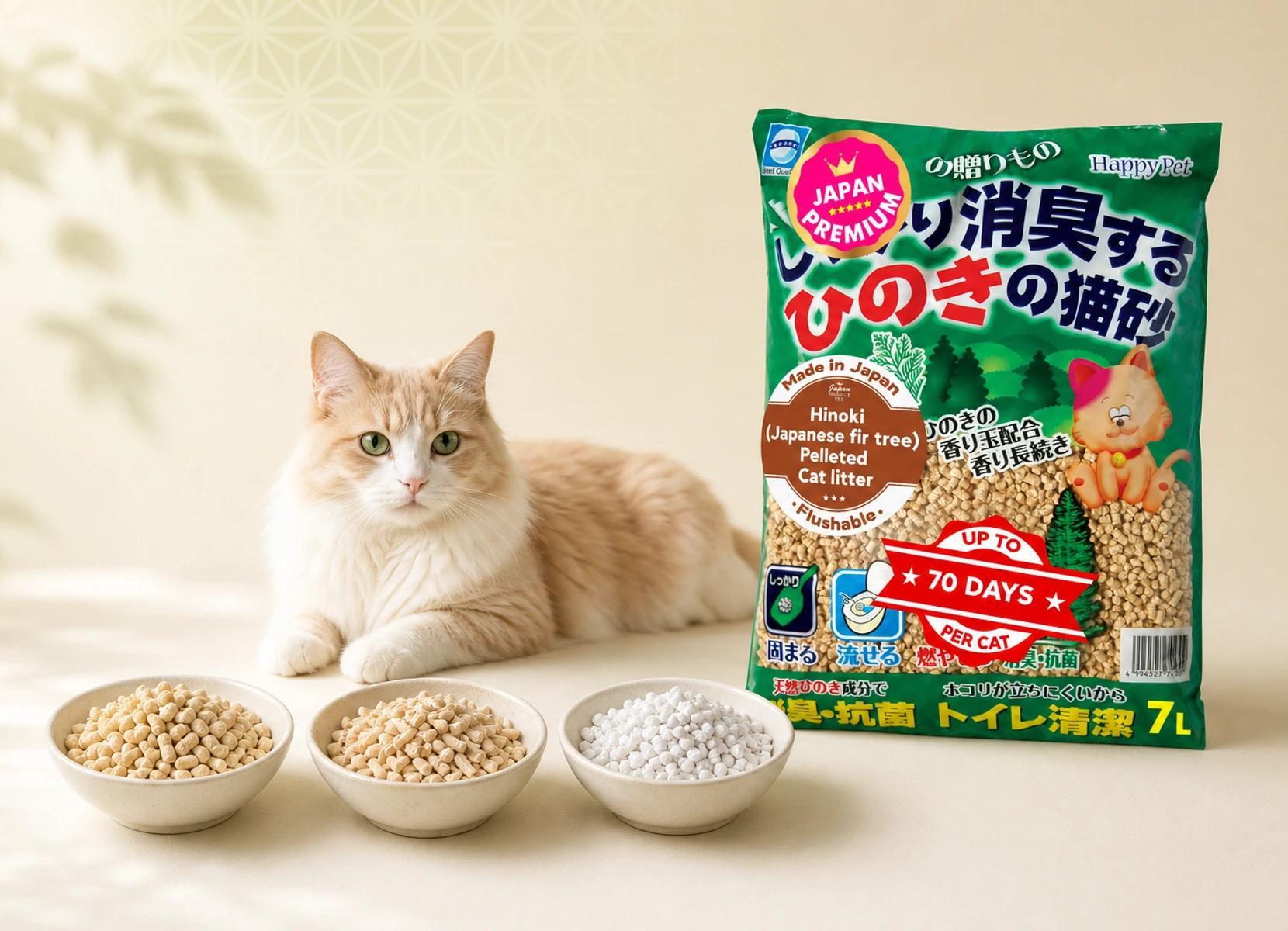 Drei echte Japan Premium Pet Streupackungen für Tofu-, Holz- und Zellulosevarianten