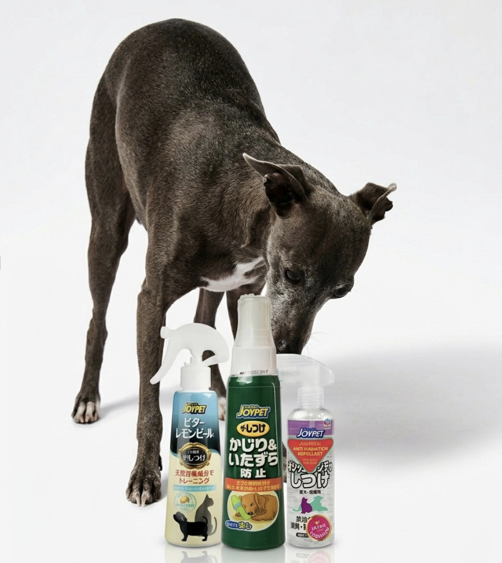 Perro de pie junto a botes de spray