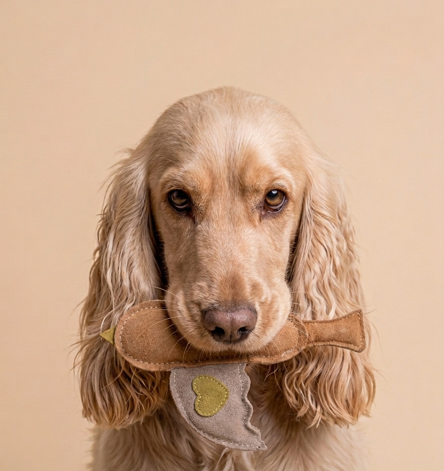 Golden spaniel holding toy