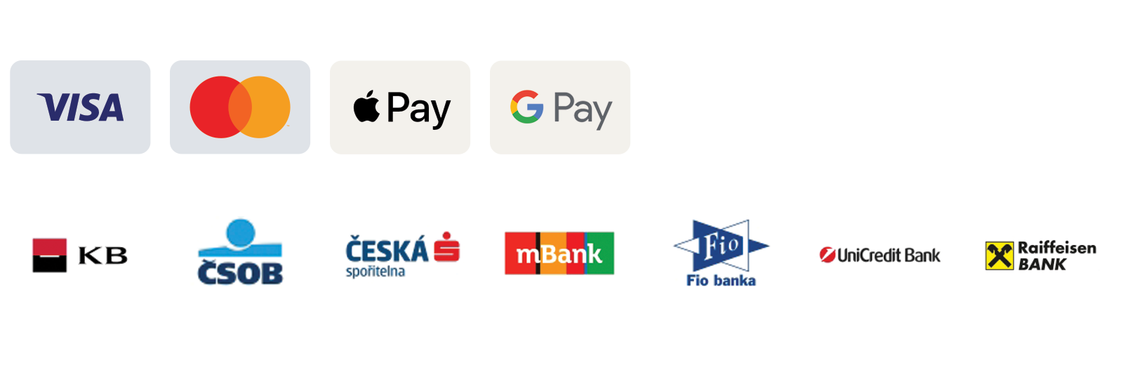 Visa, Mastercard, Apple Pay, Google Pay, KB, ČSOB, Česká spořitelna, mBank, Fio banka, UniCredit Bank, Raiffeisen Bank
