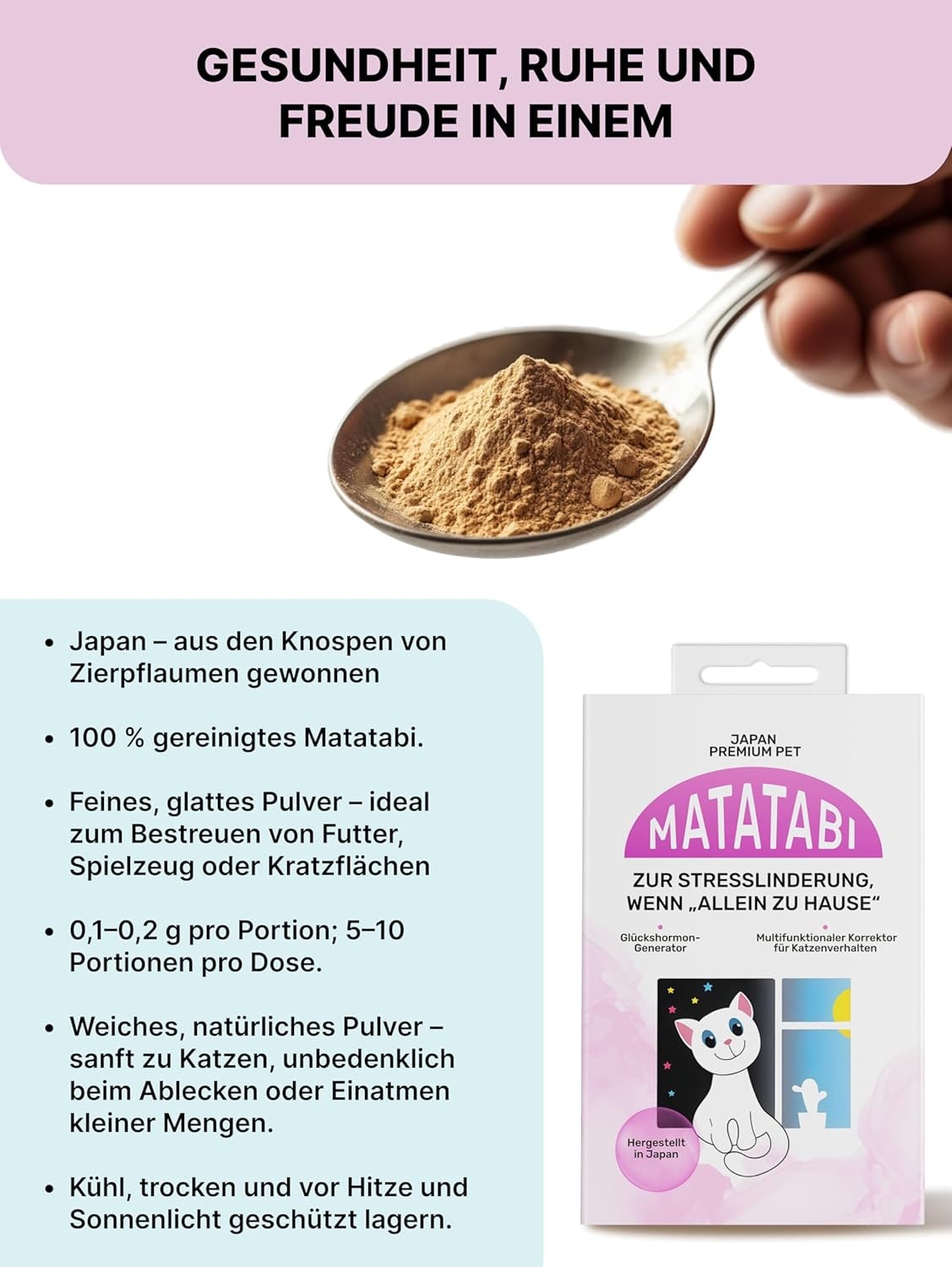 Matatabi Pulver für Katzen | Natürliches Stressmittel für Entspannte Katzen, Wenn sie Allein Sind | Alternative zu Katzenminze Pulver | Fördert Wohlbefinden & Ruhe | Alternative zu Katzenminze-Sticks