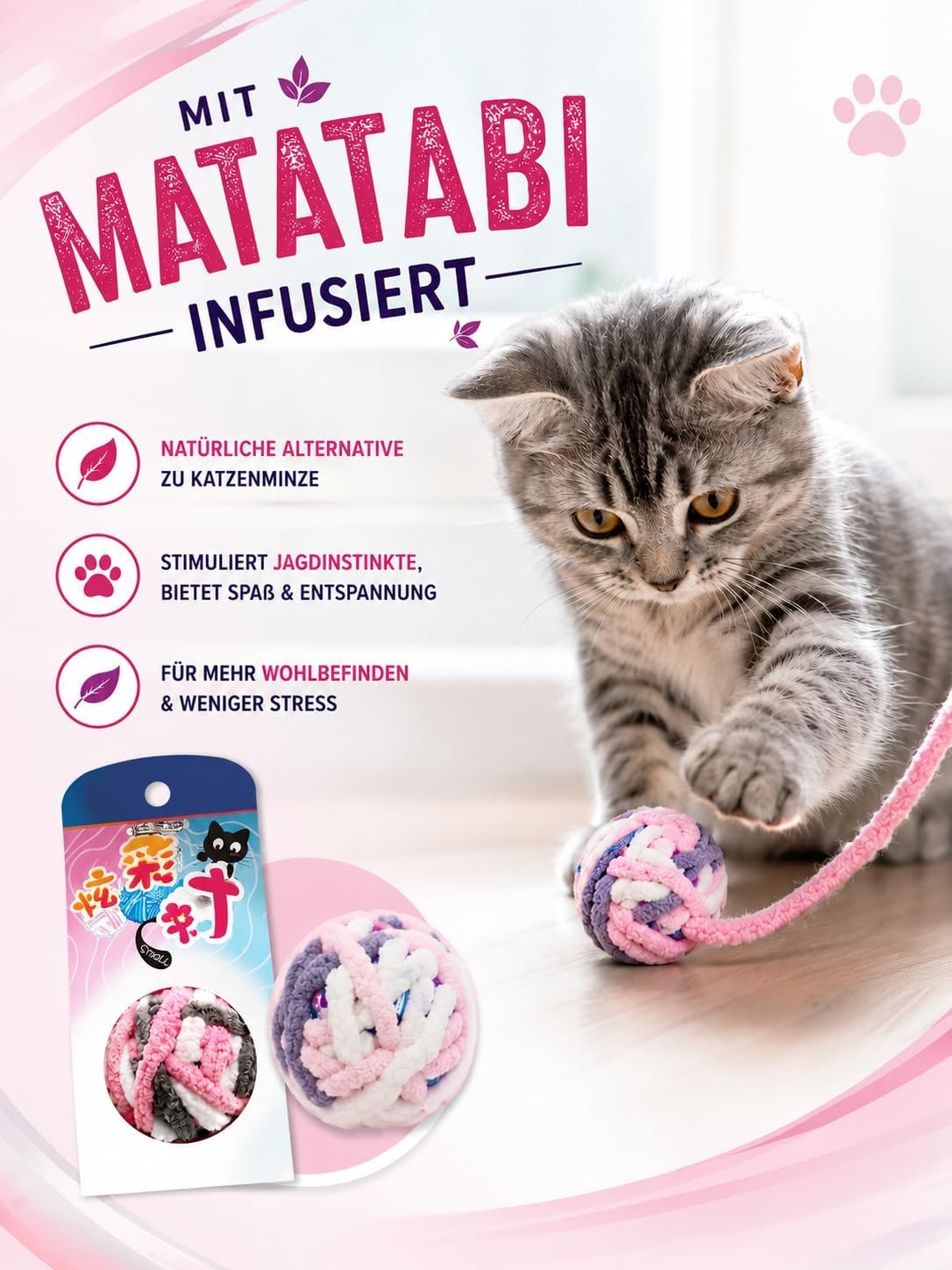 Cat Toy for All Breeds Cat Teaser Ball with Rustling Ribbons and a Ball Inside with Matatabi Pink