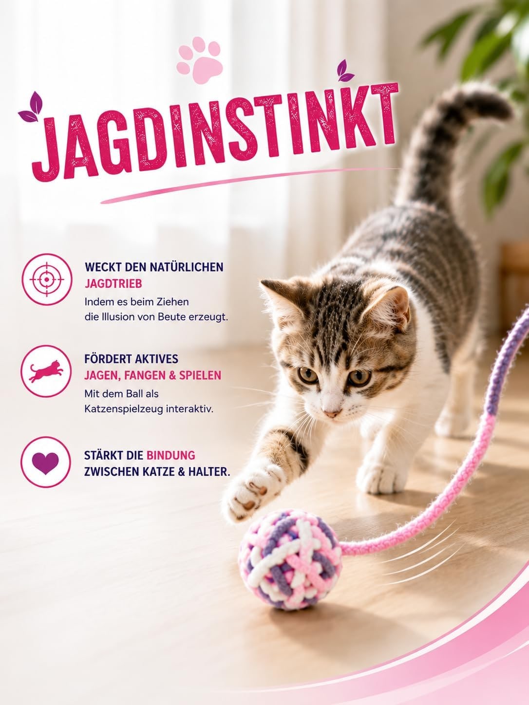 Cat Toy for All Breeds Cat Teaser Ball with Rustling Ribbons and a Ball Inside with Matatabi Pink