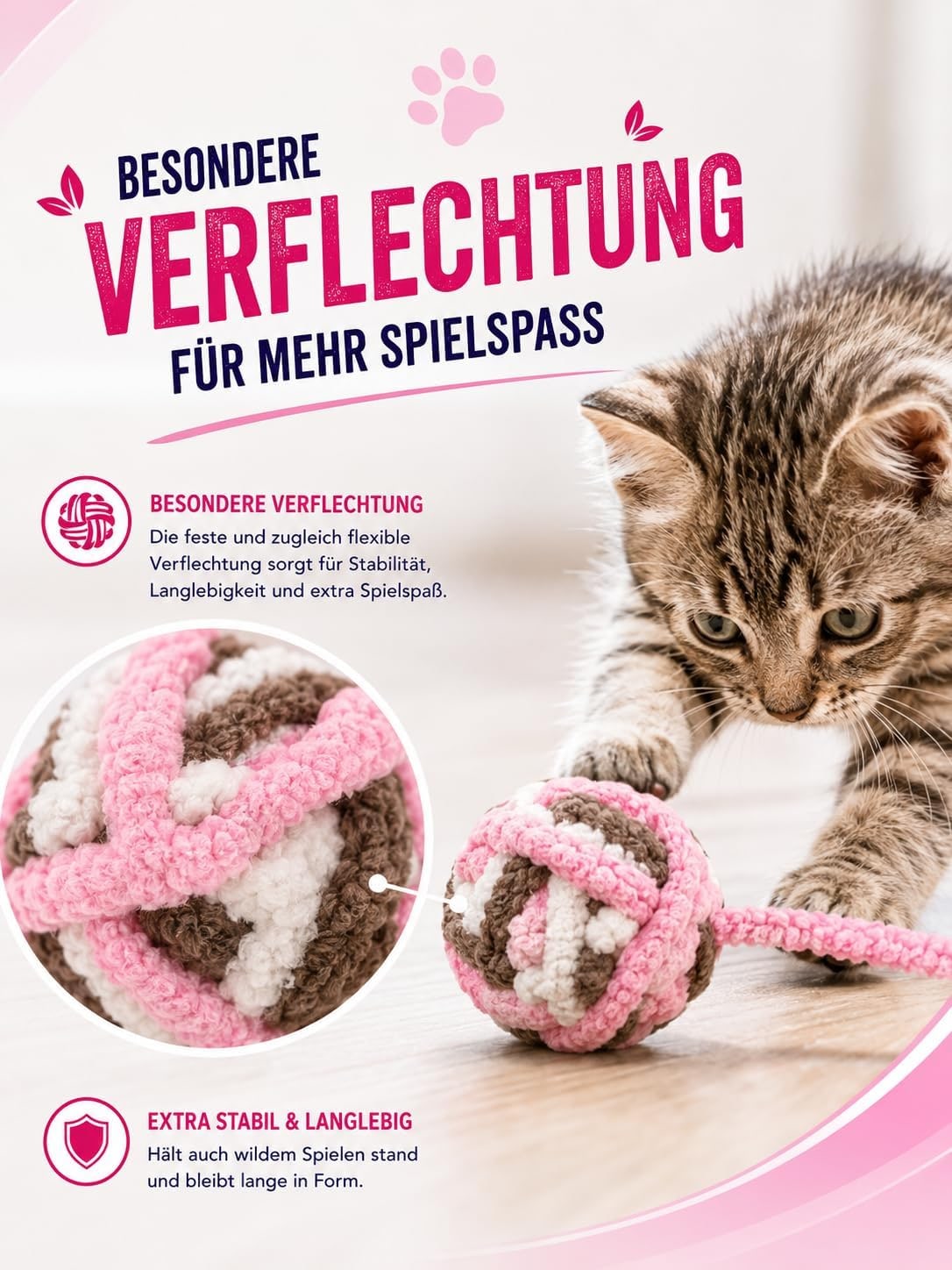 Cat Toy for All Breeds Cat Teaser Ball with Rustling Ribbons and a Ball Inside with Matatabi Pink
