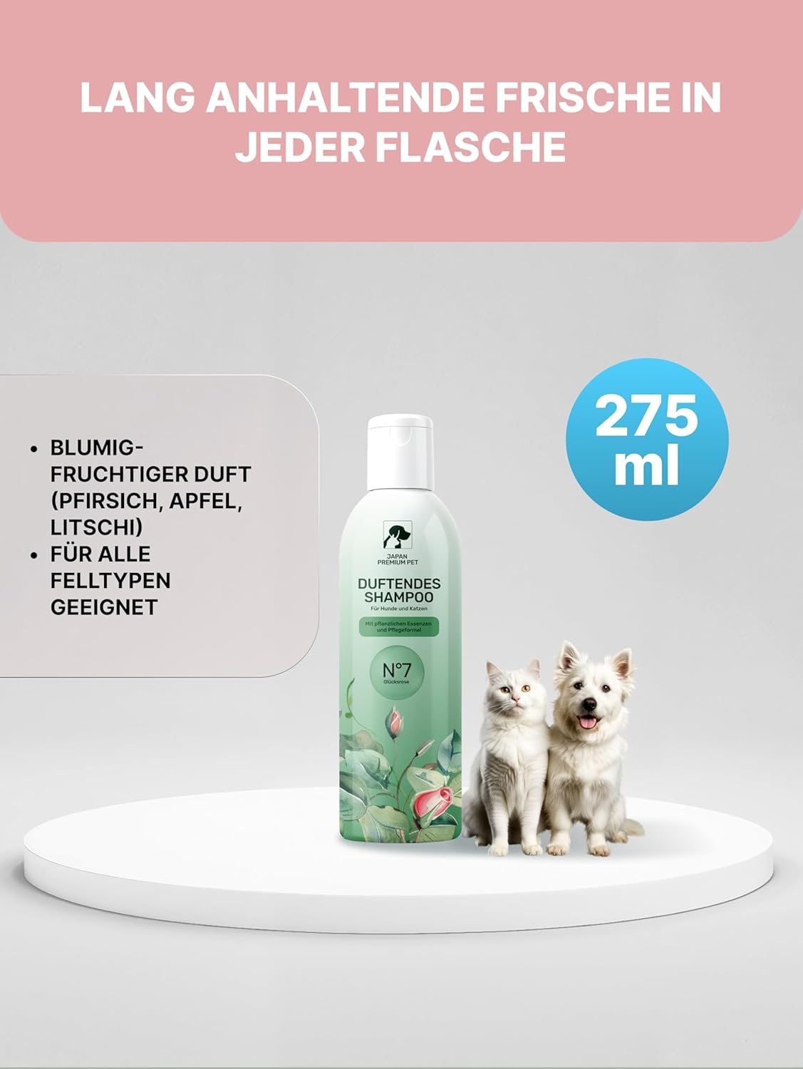Aromatic Cat & Dog Shampoo with Rose Aroma | Dog & Cat Shampoo with Reduced Acidity pH 5.5 | Suitable for Puppies & Kittens | For Shiny Long Hair | 275 ml