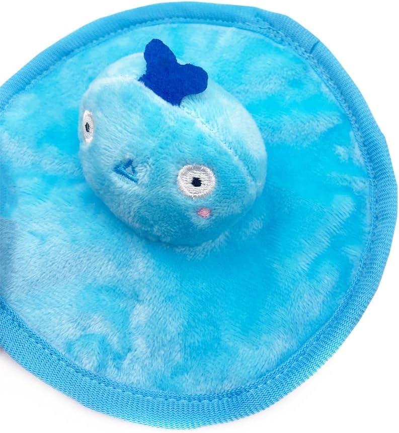Hundespielzeug Frisbee „Alien“ Blau – Weiche Plüsch-Flugscheibe mit Quietsche & Glöckchen – Für kleine Hunde & Welpen