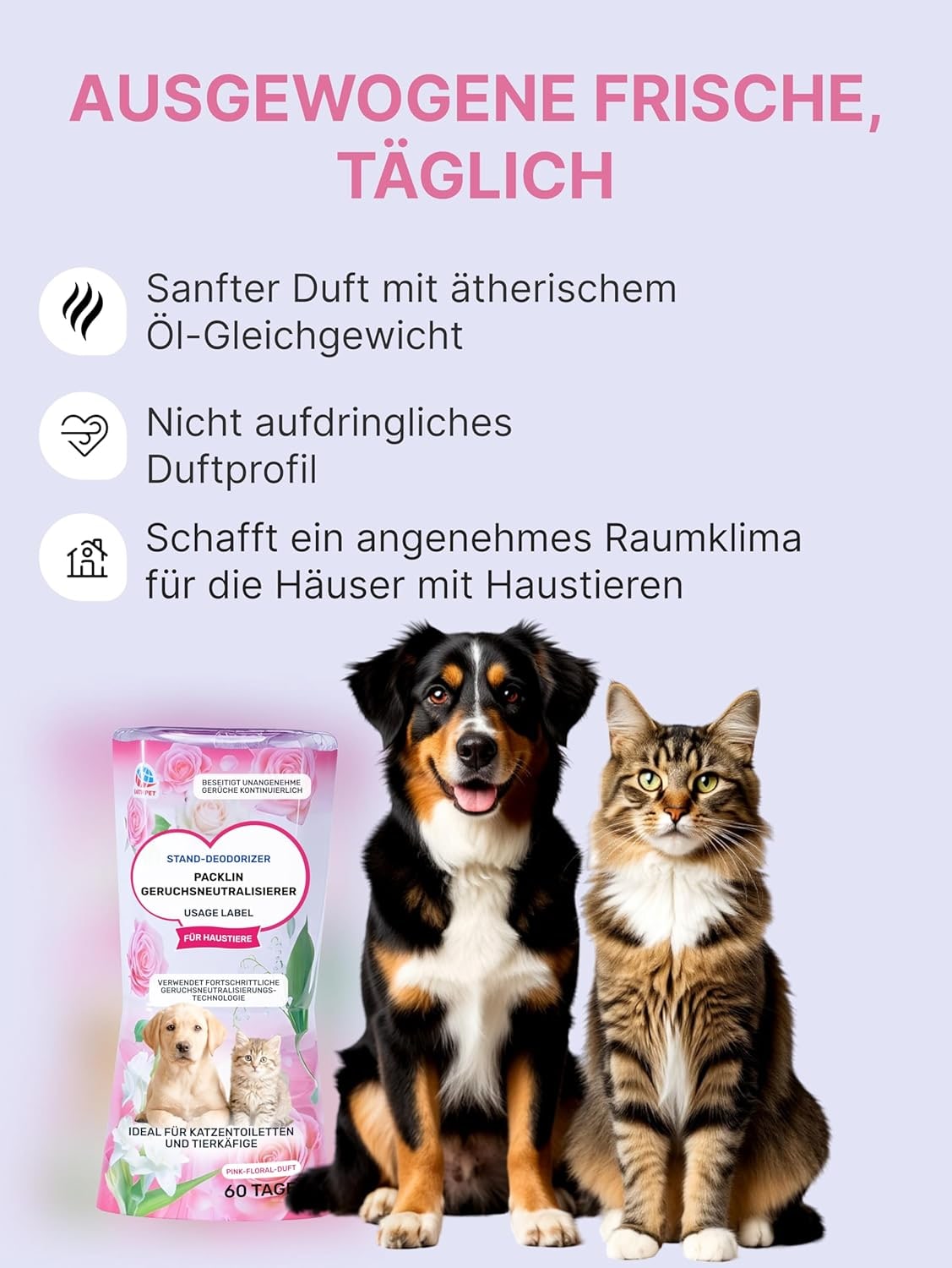Desodorizante líquido | Aroma floral rosa | Triple eliminación de olores para mascotas | Frescura duradera con tecnología Top Drip | 400 ml