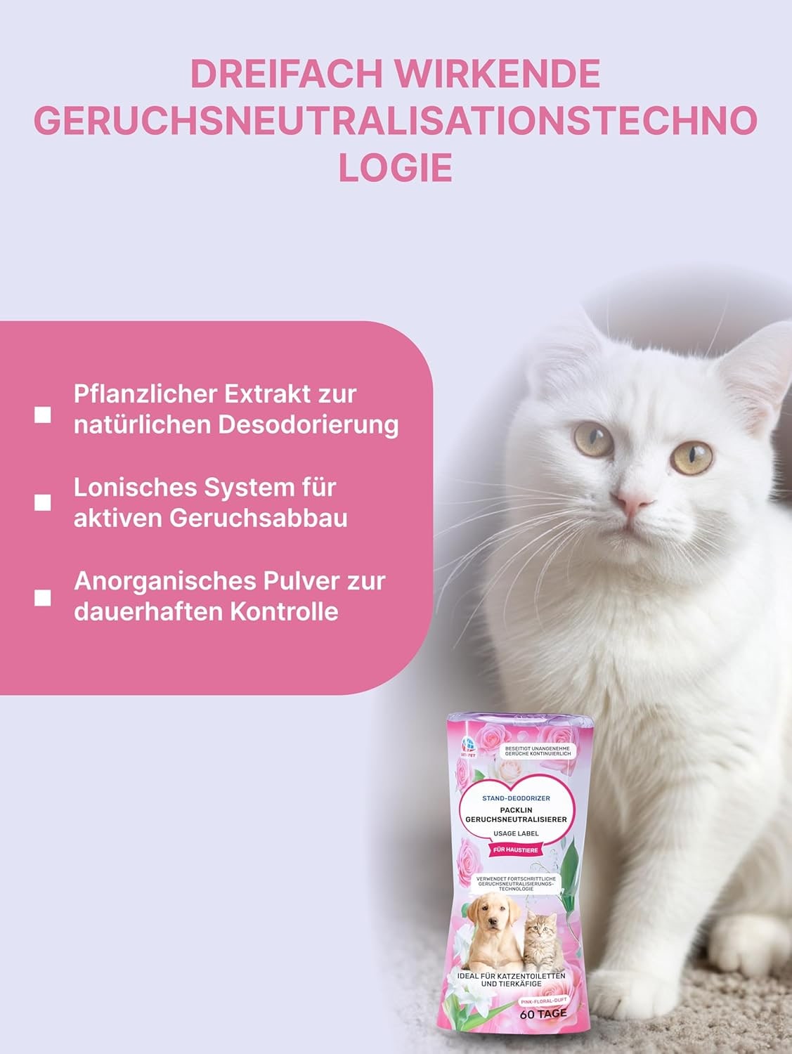 Desodorizante líquido | Aroma floral rosa | Triple eliminación de olores para mascotas | Frescura duradera con tecnología Top Drip | 400 ml