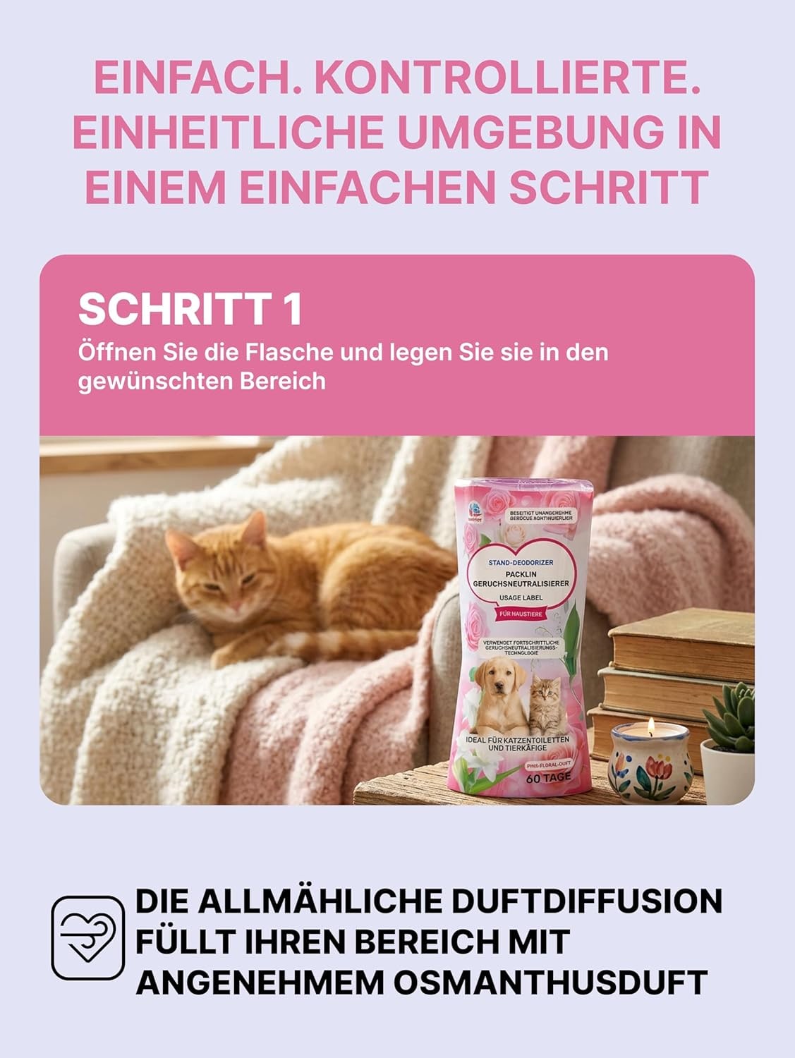 Desodorizante líquido | Aroma floral rosa | Triple eliminación de olores para mascotas | Frescura duradera con tecnología Top Drip | 400 ml