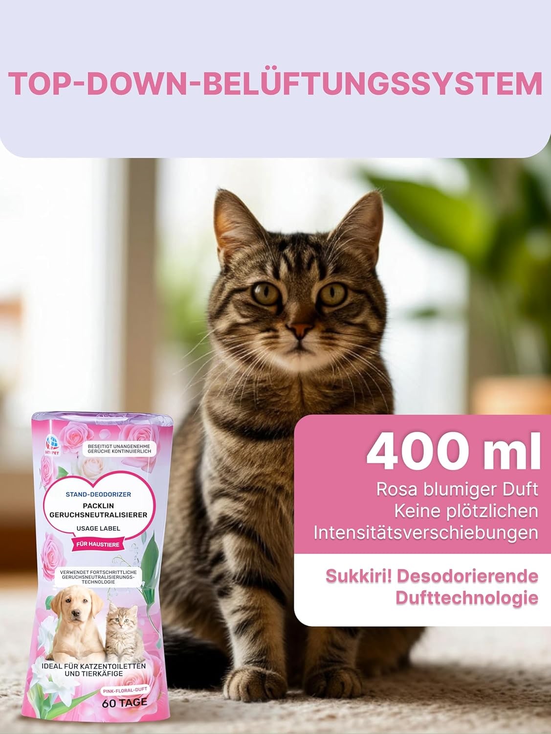 Desodorizante líquido | Aroma floral rosa | Triple eliminación de olores para mascotas | Frescura duradera con tecnología Top Drip | 400 ml