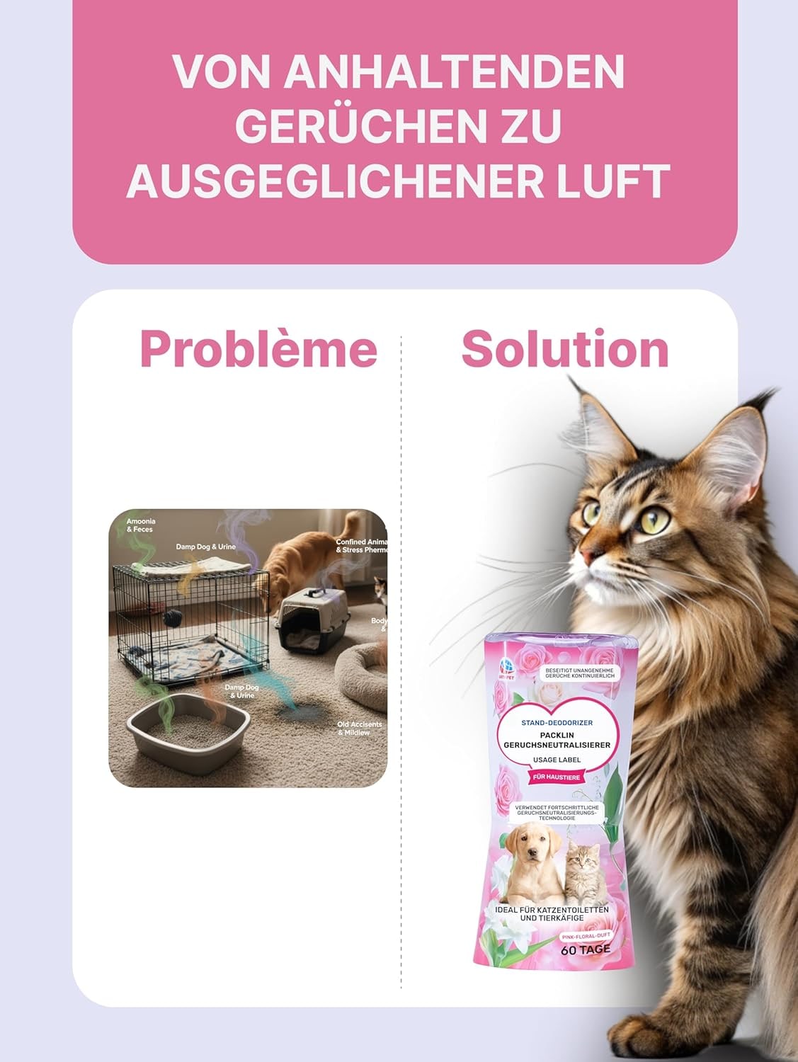Desodorizante líquido | Aroma floral rosa | Triple eliminación de olores para mascotas | Frescura duradera con tecnología Top Drip | 400 ml