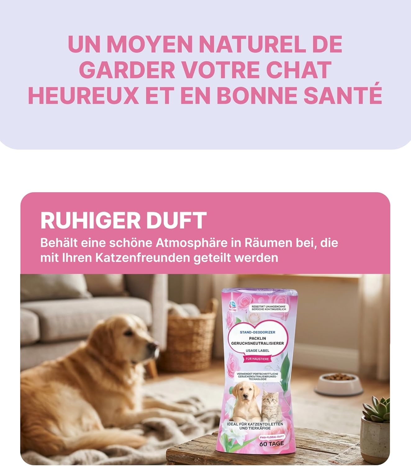 Desodorizante líquido | Aroma floral rosa | Triple eliminación de olores para mascotas | Frescura duradera con tecnología Top Drip | 400 ml
