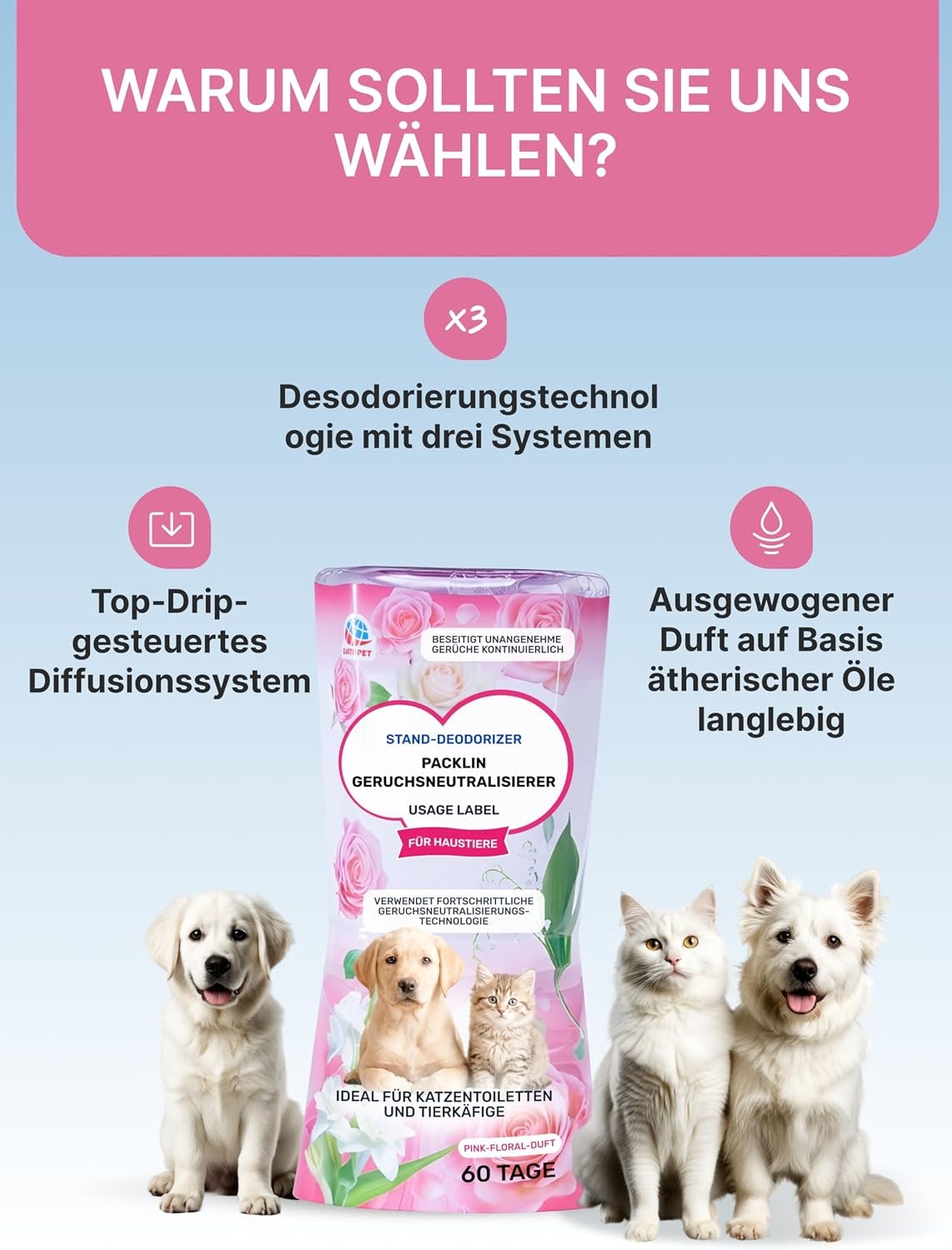 Desodorizante líquido | Aroma floral rosa | Triple eliminación de olores para mascotas | Frescura duradera con tecnología Top Drip | 400 ml