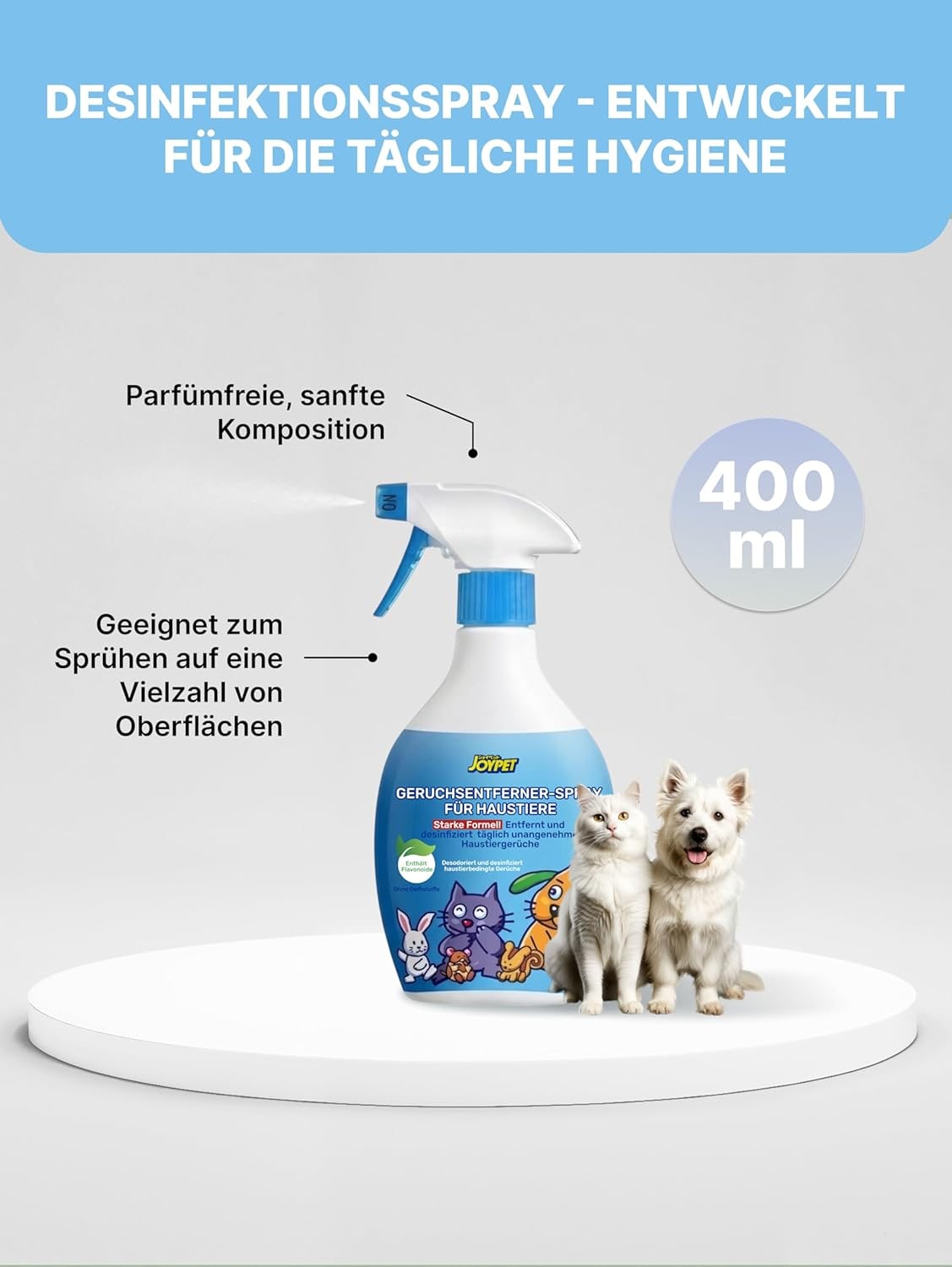 Desodorier- & Desinfektionsspray mit Grüntee-Extrakt | Geruchsentferner für Hunde, Katzen & Kleintiere | Sicher bei Ablecken | 400 ml