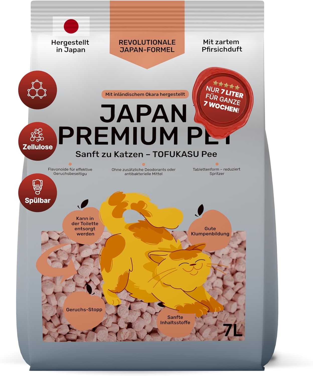 Tofu Cat Litter Clumping Litter with Peach Scent - Vegetable Cat Litter Made of Okara (Soybean Fiber) and Starch, Extra Absorbent, Low Dust, Strong Odour Control, for Cat Litter Tray