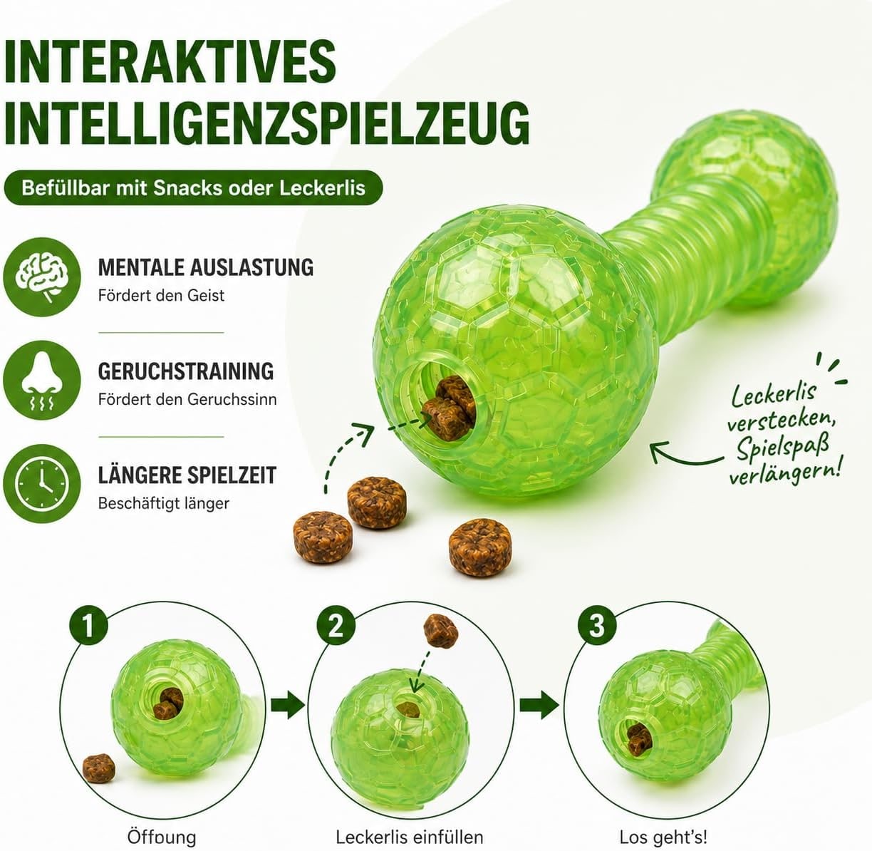 Haltère pour petits chiens - Jouet à mâcher pour soins dentaires - Avec compartiment à friandises - Vert - Matériau TPR souple
