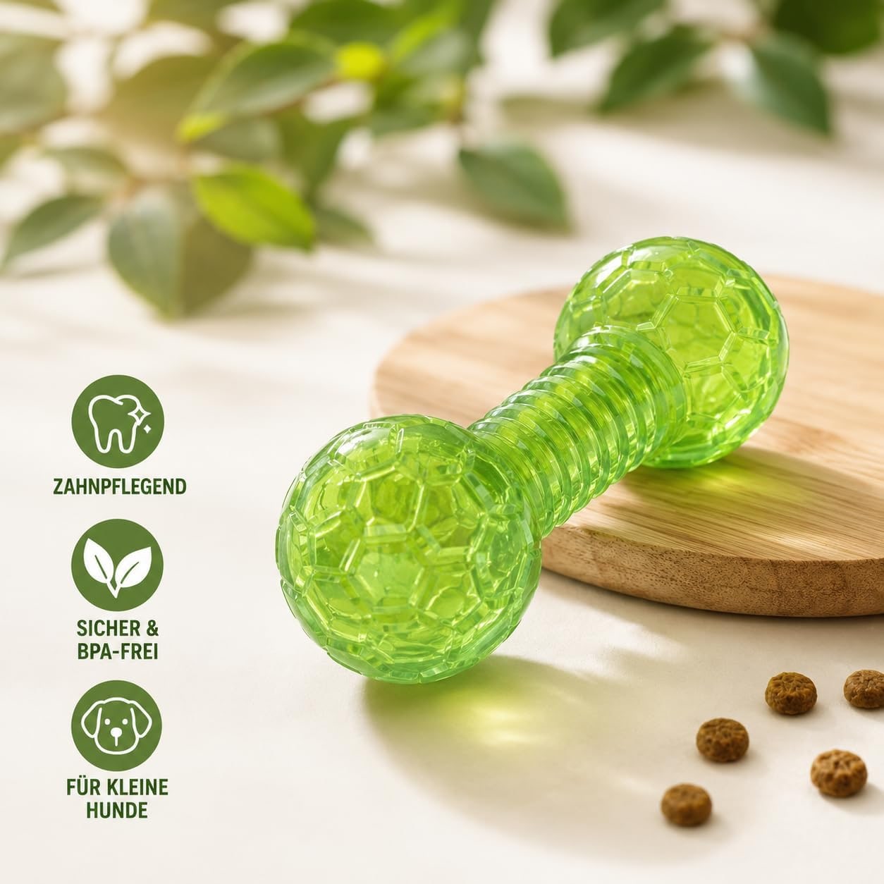 Haltère pour petits chiens - Jouet à mâcher pour soins dentaires - Avec compartiment à friandises - Vert - Matériau TPR souple