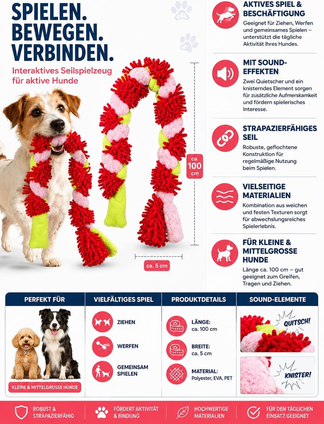 Hundespielzeug Seil mit Quietscher | Kauspielzeug für kleine & mittelgroße Hunde | Robust & langlebig | Interaktives Zerrspiel & Wurfspiel | 100 cm